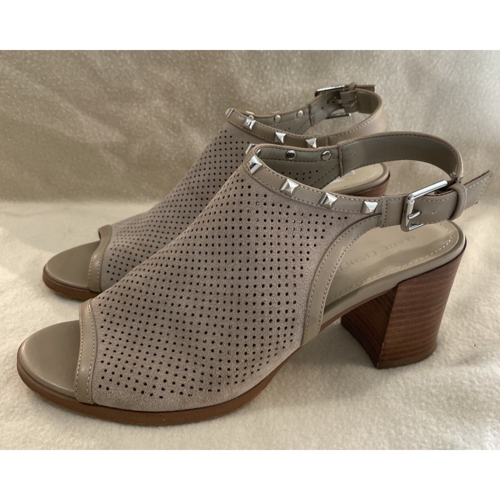 Marc Fisher Tan Suede Womens Perforated Parso Studded Block Heeled Sandal Sz 9.5